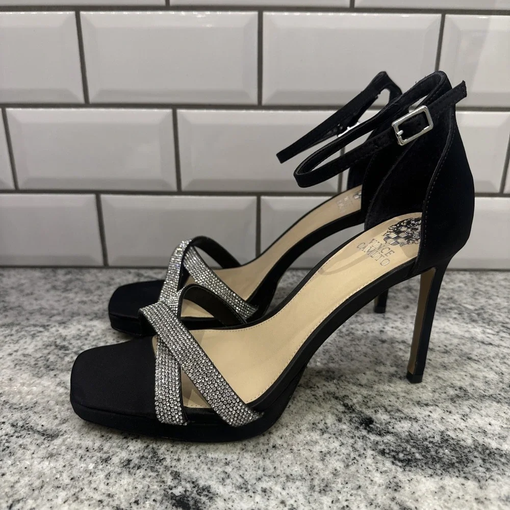 Vince Camuto Kalvira 2 Ankle Strat Black Satin Heels Women's 9 M rhinestones New